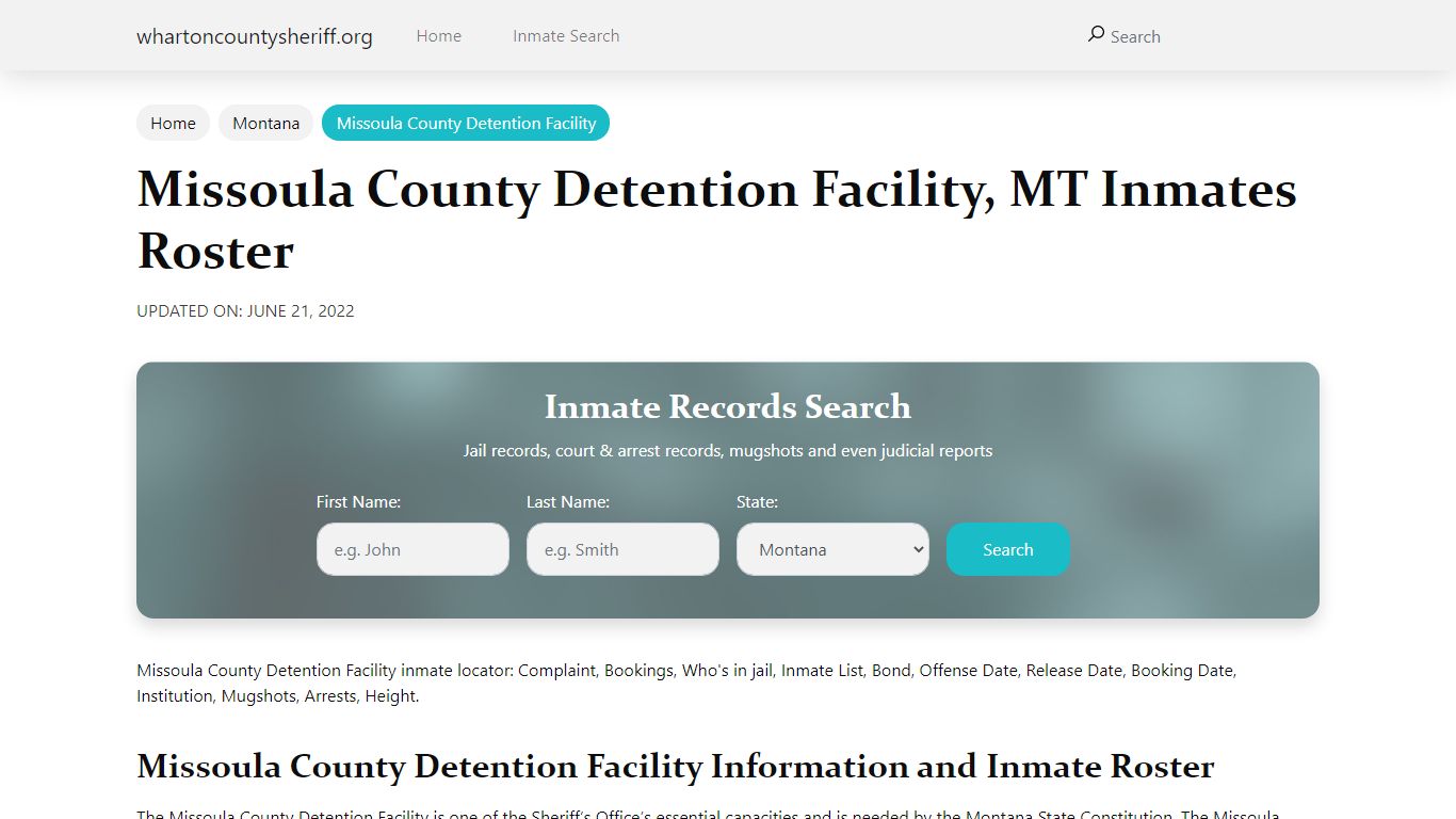 Missoula County Detention Facility, MT Jail Roster, Name ...